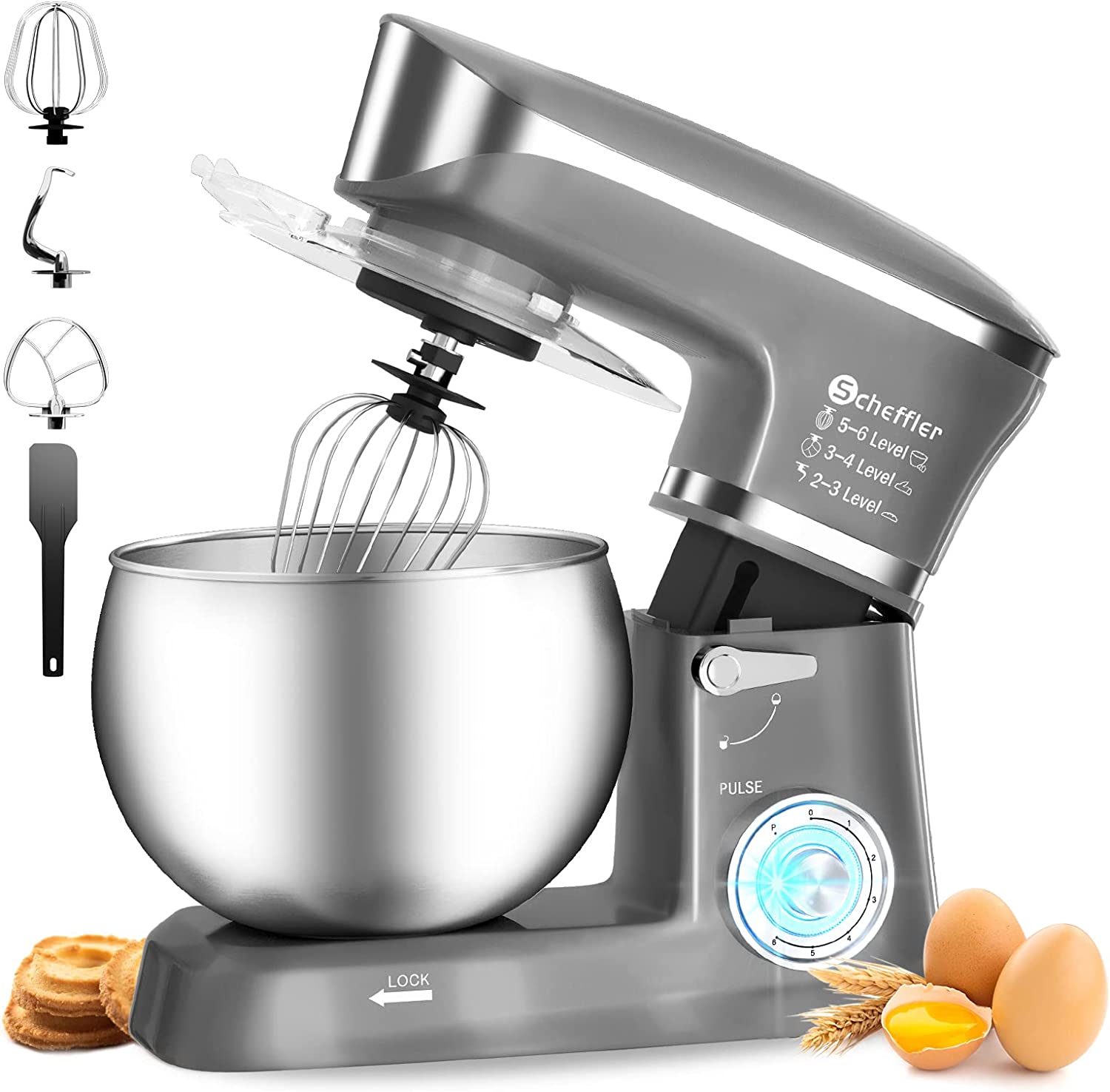 Scheffler Food Processor 2000 W Kneading Machine, 6 L Food Processor XL, Dough Machine, 6 Speeds, 8 Other Accessories Included, Dough Hook, Flat Stirrer, Whisk (6l-Gray)