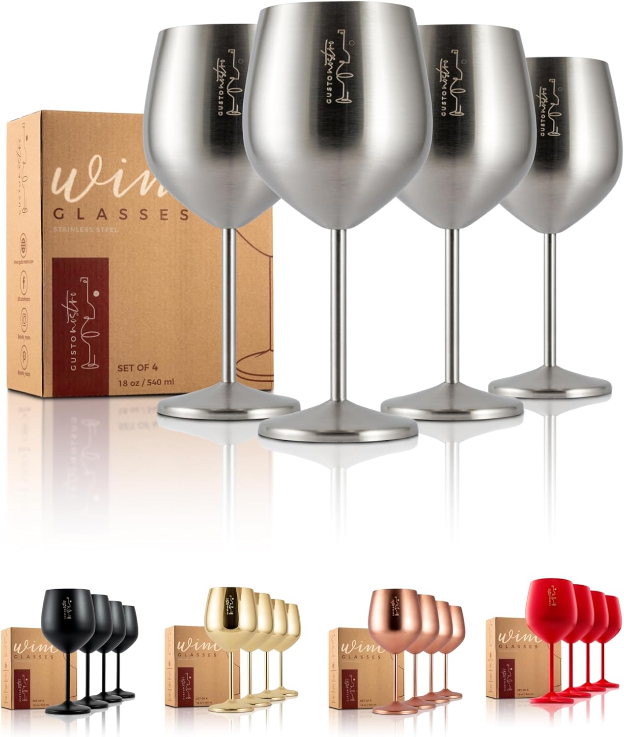 Gusto Nostro Store Gusto Nostro Stainless Steel Stem Wine Glass - Unbreakable Goblets with 19oz - Elegant Drinkware in Silver for Champagne and Cocktails (Pack of 4)
