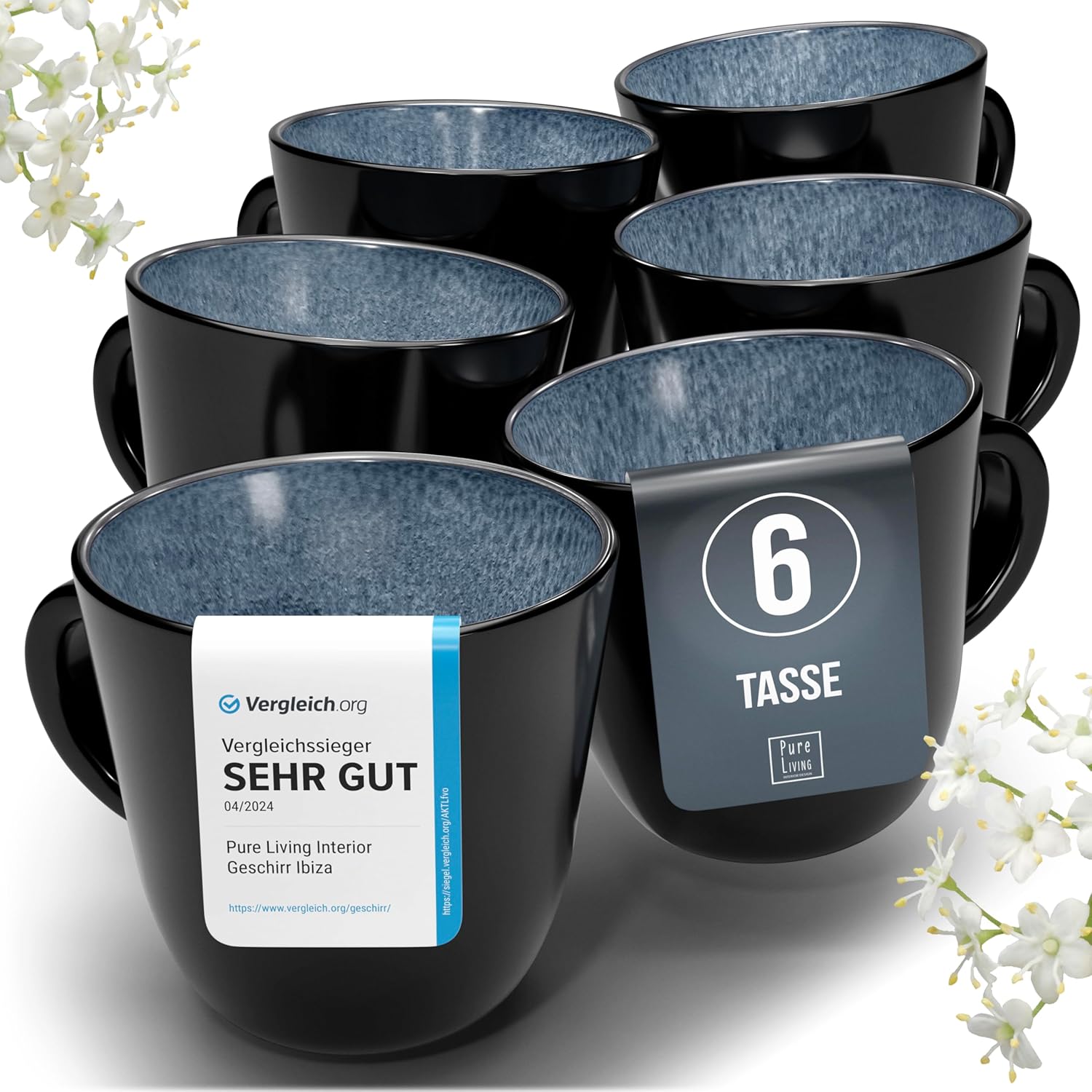Pure Living Ibiza Stoneware Coffee Cups for 6 People, Mediterranean Cup Set, ‘Very Good’ in Test, Dishwasher and Microwave-Safe, Scratch-Resistant, Stylish Set of Tea and Coffee Cups, Smoke Blue