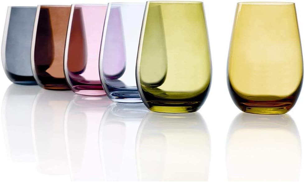 Stölzle Lausitz Elements Mediterranean Mix, 465 ml, Set of 6 Water Glasses, Juice Glasses, 1 Each Amber, Lilac, Blue Grey, Smoke Grey, Brown, Olive, Dishwasher Safe