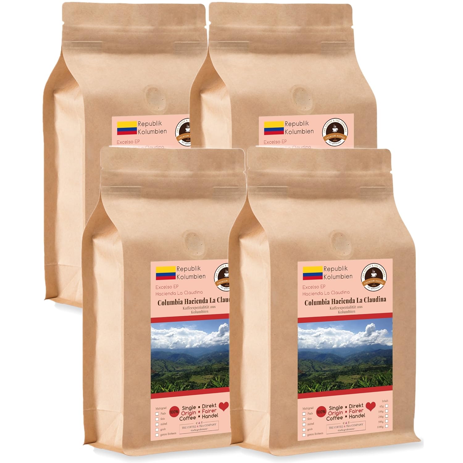 Kaffee Globetrotter Coffee Globetrotter - Coffee with Heart - Colombia Hacienda La Claudina - 4 x 1000 g Medium Ground - for Fully Automatic Coffee Grinder - Roasted Coffee Fair Trade | Gastropack Economy Pack