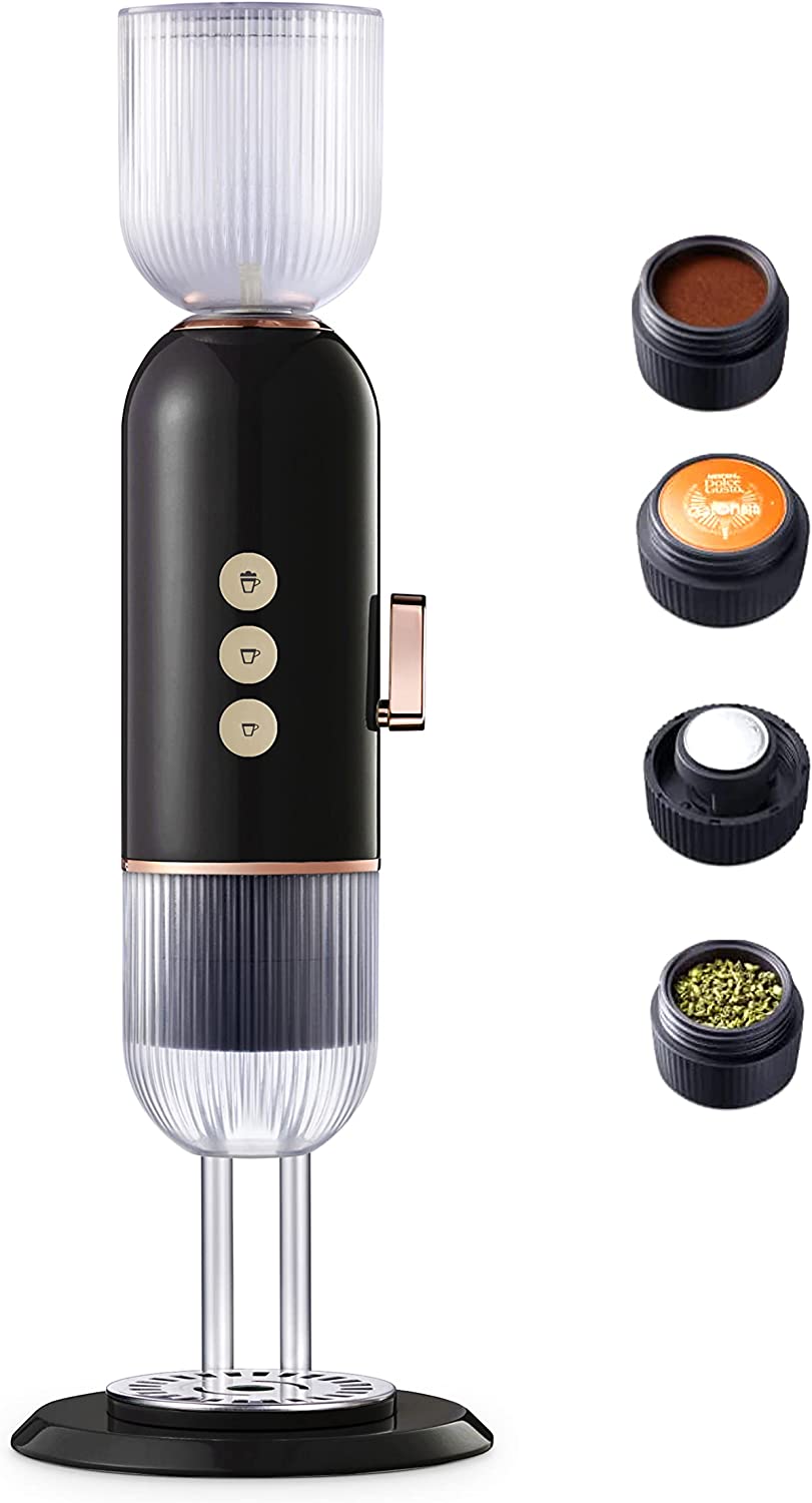 Dreiklang - be smart Tripod 4-in-1 Espresso Machine Plus Tea, 3 Seconds Quick Heated Nespresso/Starbucks/Dolce Gusto Capsules, Ground Espresso, Home, Office, Travel, 19 Bar Pressure, 1650 Watt