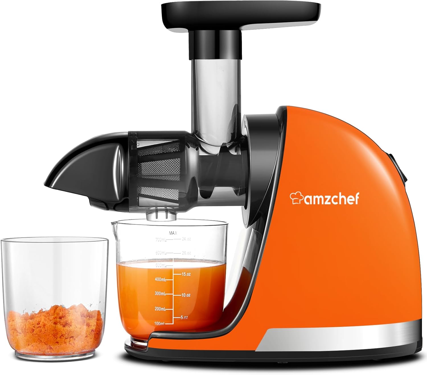 AMZCHEF Juicer Vegetable and Fruit Test Winner - Juicer Slow Juicer with Reverse Chewing Function - Delicate Chopping without Filters - Electric Juicer with Brush and 2 Cups - Orange
