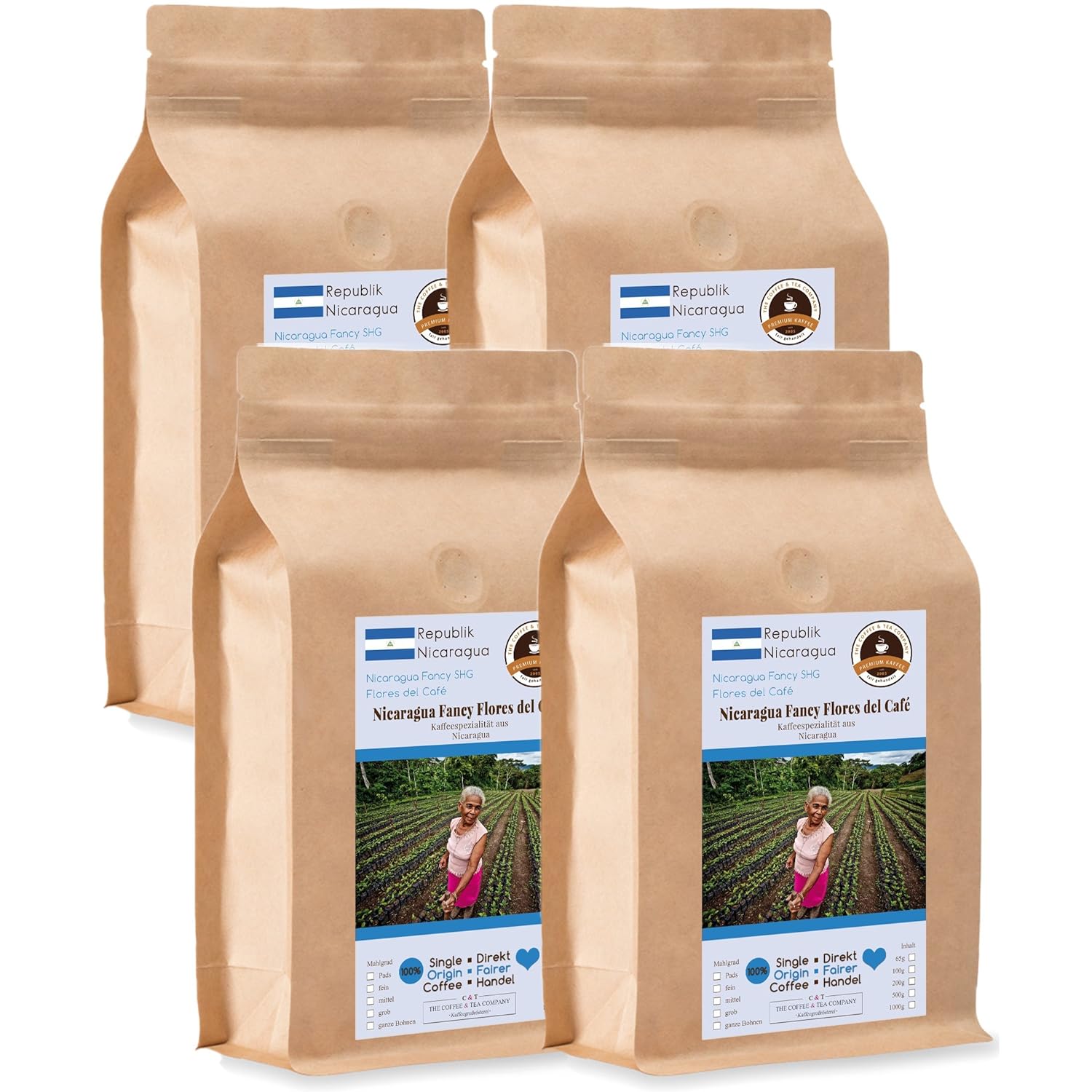 Kaffee Globetrotter Coffee Globetrotter - Coffee with Heart - Nicaragua Fancy Flores del Café - 4 x 1000 g Medium Ground - for Fully Automatic Coffee Grinder - Roasted Coffee Fair Trade | Gastropack Economy Pack