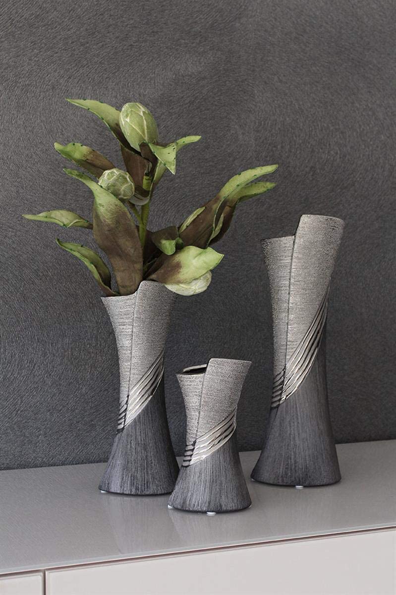 GILDE Modern Ceramic Vase Table Vase Decorative Vase Grey Silver with Relief 13 x 38 cm