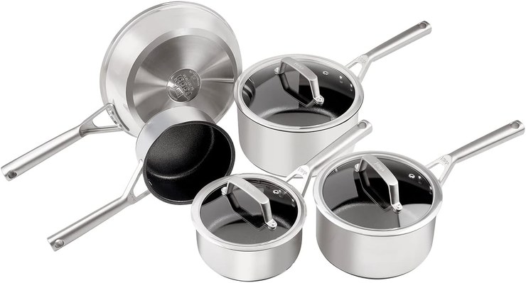 Ninja ZEROSTICK C6500UK 5-Piece Durable Non-Stick Pan Set, 16cm, 18cm and 20cm Pots with Oven Safe Glass Lids, 16cm Milk Pan, 24cm Frying Pan, Stainless Steel Cookware
