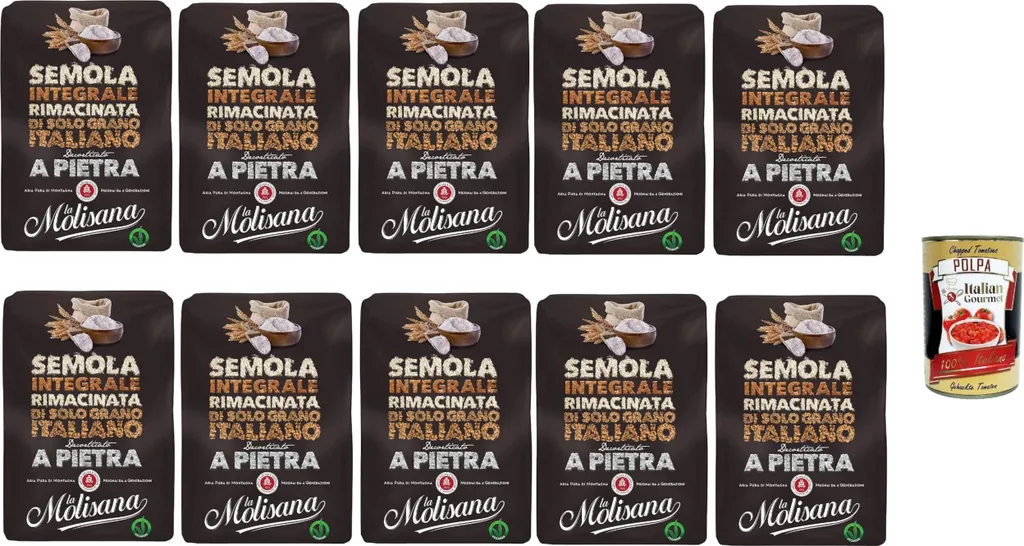 LA MOLISANA 10 x Molisana Semolina Rimacinata di Grano Duro Integrale Durum Whole Grain Wheat Semolina 1 kg for Pizza + Italian Gourmet Polpa 400g