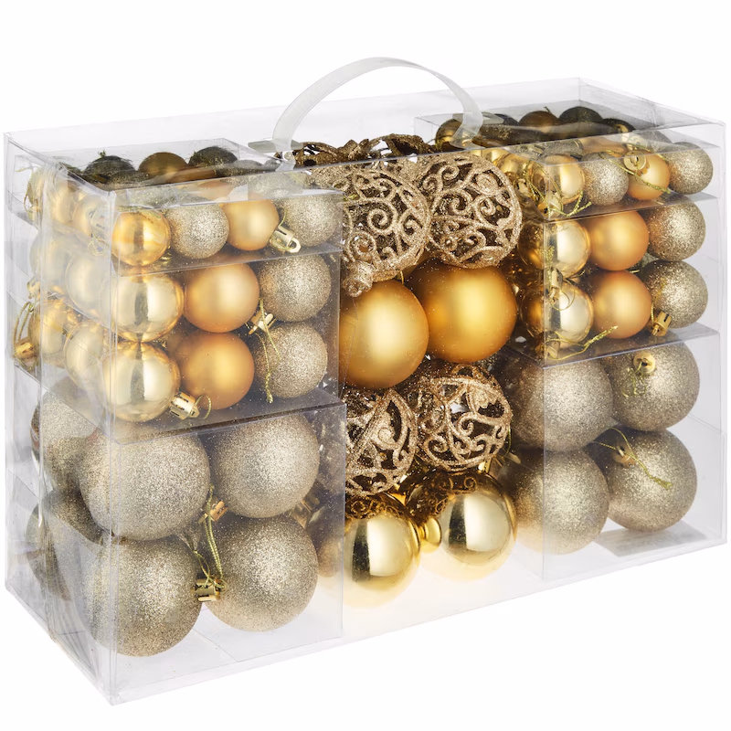 100 unbreakable gold Christmas tree baubles - gold
