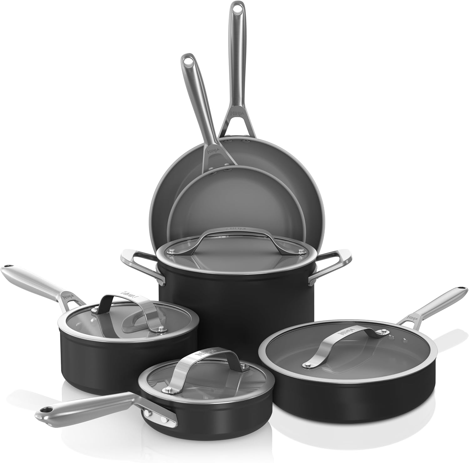 Ninja Ceramic Pro CW39010BK 10-Piece Non-Stick Cookware Set, Pots & Pans Set with Glass Lid, PTFE Free, Ceramic Coated, Oven Safe, All Hob Types & Induction Compatible,