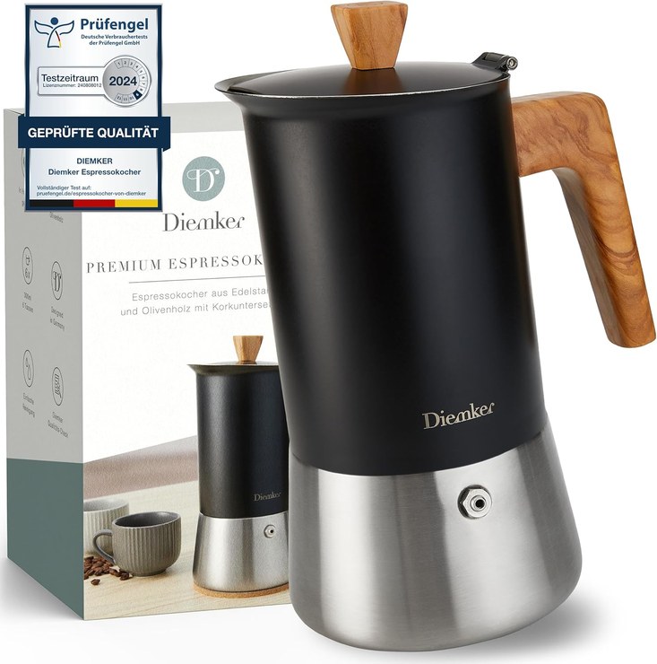 Diemker Premium Espresso Maker (300 ml) | Espresso Maker Made of Stainless Steel and Real Olive Wood with Saucer, All Types of Cookers, Induction, Mocha Pot, Mocha Cooker, Italian Coffee