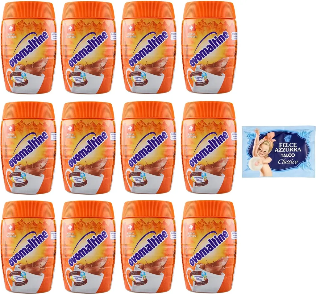 12-pack Ovomaltine malt-based drink powder, cocoa flavor, 400g + 1-pack Felce Azzurra talcum powder, 100g sachet