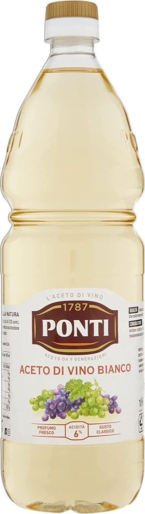 Ponti 12 x 1L bottles of white wine vinegar, delicate quality white vinegar with 6% acidity, excellent as a salad dressing, for vegetables, meat and fish + Italian Gourmet polpa 400g