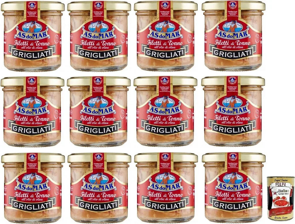 12x AS do MAR Filetti di Tonno Grigliati allOlio di Oliva, grilled tuna fillets in olive oil, 150g jar + Italian Gourmet Polpa di Pomodoro 400g can 2200g