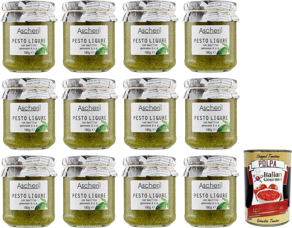 12x Ascheri 1960 Pesto Ligure con Basilico Genovese, pesto sauce with Genoese basil d.o.p. Jar 180g + Italian Gourmet Polpa di Pomodoro 400g can 2560g