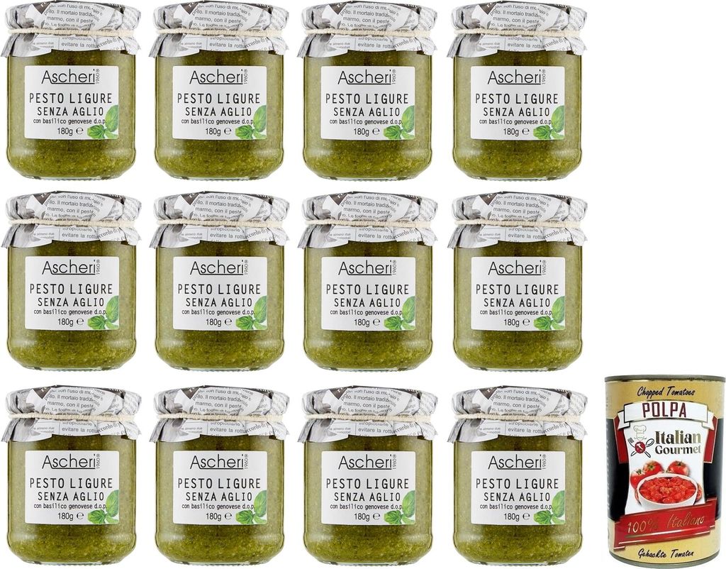 12x Ascheri 1960 Pesto Ligure Senza Aglio con Basilico Genovese, Pesto Sauce Without Garlic with Genoese Basil d.o.p. Jar 180g + Italian Gourmet Polpa di Pomodoro 400g can 2560g