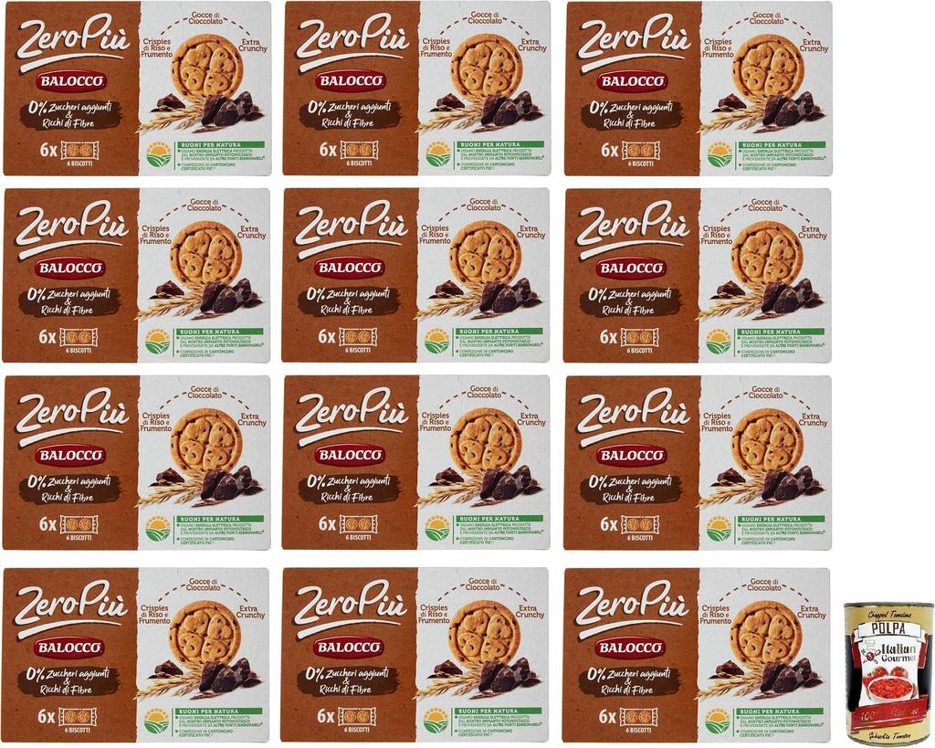 12x Balocco Zero Più Biscotti (no added sugar), biscuits with rice and wheat crisps, chocolate chips and extra crunchy bits, 210g + Italian Gourmet Tomato Sauce, 400g tin
