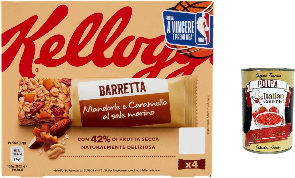 12x Barretta Kellogg’s Mandorle e Caramello al Marino, muesli bars with almonds and sea salt caramel 128g + Italian Gourmet polpa 400g