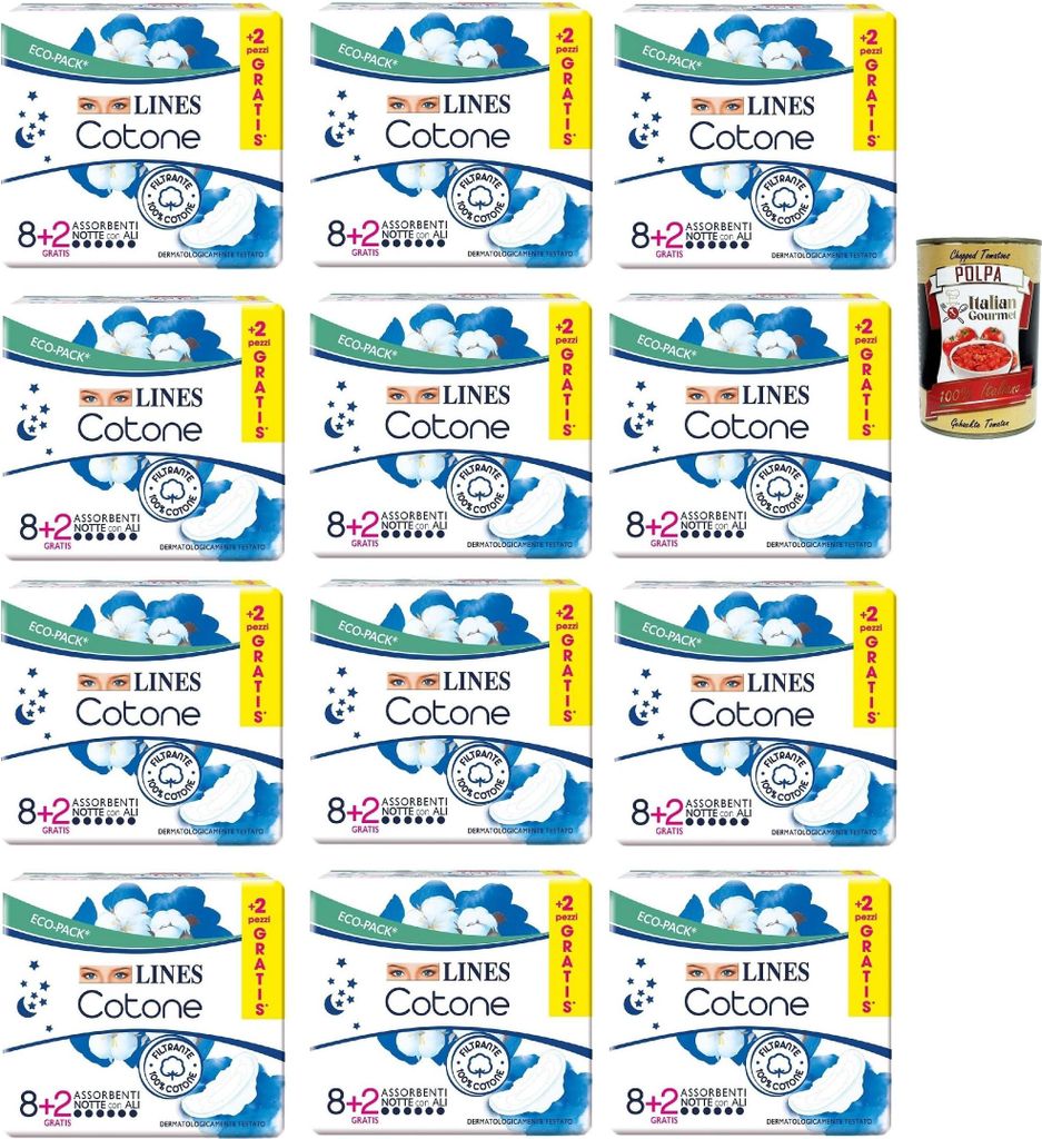 12x Lines Cotone Assorbenti Notte 8+2, Night Pads, Cotton, 100% Pure Cotton + Italian Gourmet Polpa 400g