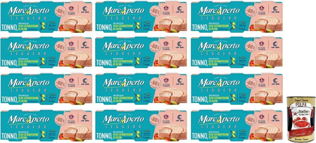 Italian Gourmet E.R. 12x Mare Aperto Tonno Leggero, tuna, with just a drizzle of extra virgin olive oil and a pinch of salt (3 x 60g cans) + Italian Gourmet Polpa di Pomodoro 400g can 2560g