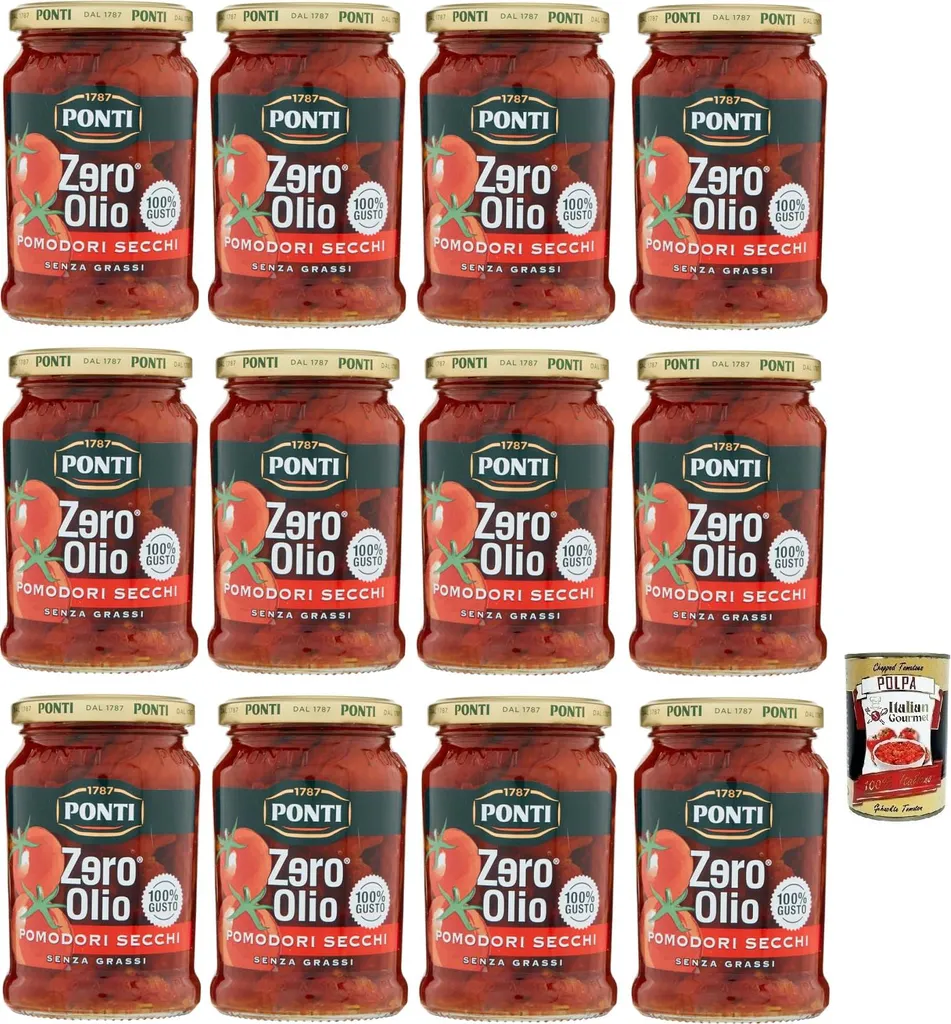 12x Ponti Pomodori Secchi Zero Olio, Oil-Free, Dried Tomatoes, Fat-Free, 300g Jar + Italian Gourmet Polpa di Pomodoro 400g Can 4000g