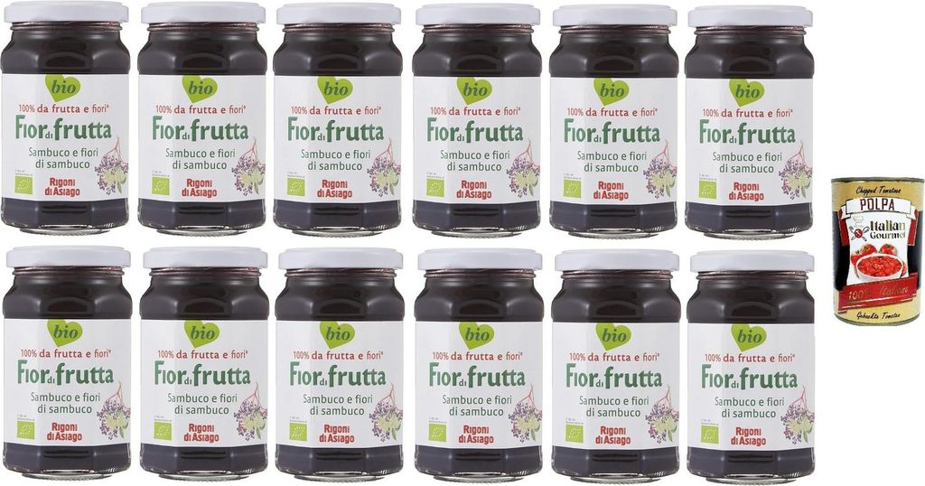 12x Rigoni di Asiago Fiordifrutta - elderberry and elderflowers Holunder und Holunderblüten 250 gr+ Italian Gourmet Tomato Pulp 400 g Tin