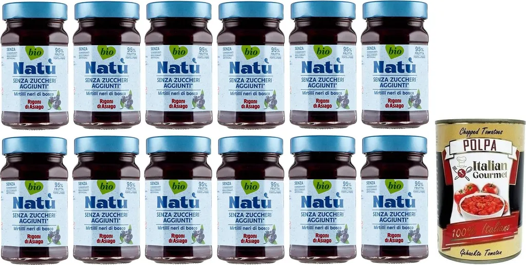 12x Rigoni di Asiago Natù Mirtilli Neri di Bosco - blueberry preparation, blueberry jam without added sugar 240g + Italian Gourmet Polpa di Pomodoro 400g can 3280g