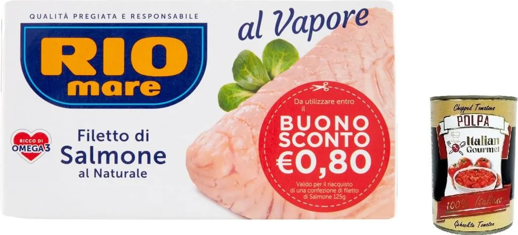 12x Rio mare Natural salmon fillet, steamed, rich in Omega 3, 125g + Italian Gourmet polpa 400g