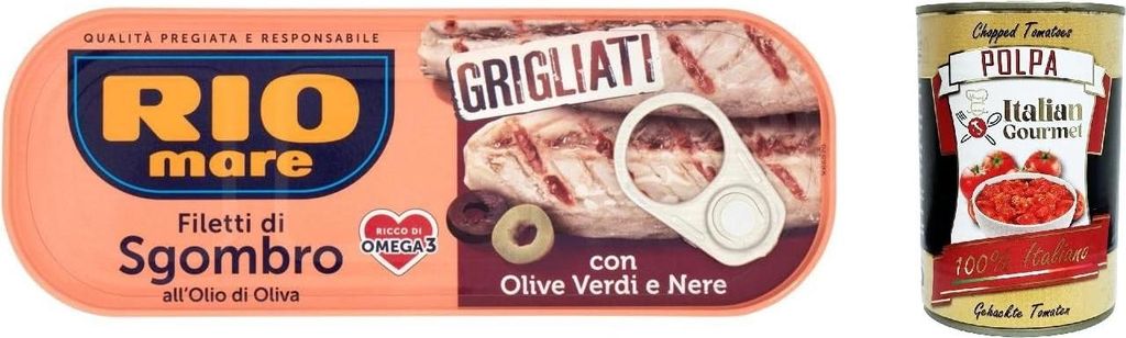 Italian Gourmet E.R. 12x Rio Mare Sgombro grilled mackerel fillets with green and black olives 120g + Italian Gourmet polpa 400g