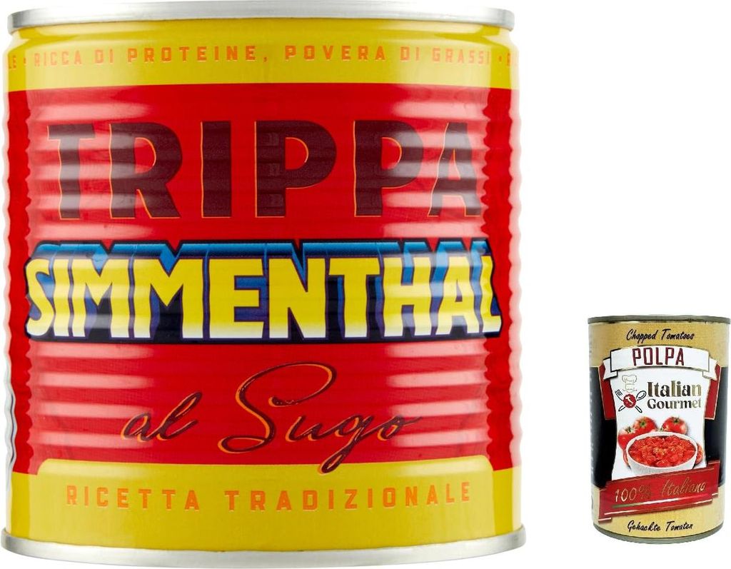 Italian Gourmet E.R. 12x SIMMENTHAL Trippa al sugo, tripe 420g, canned tripe Italian style + Italian Gourmet polpa 400g
