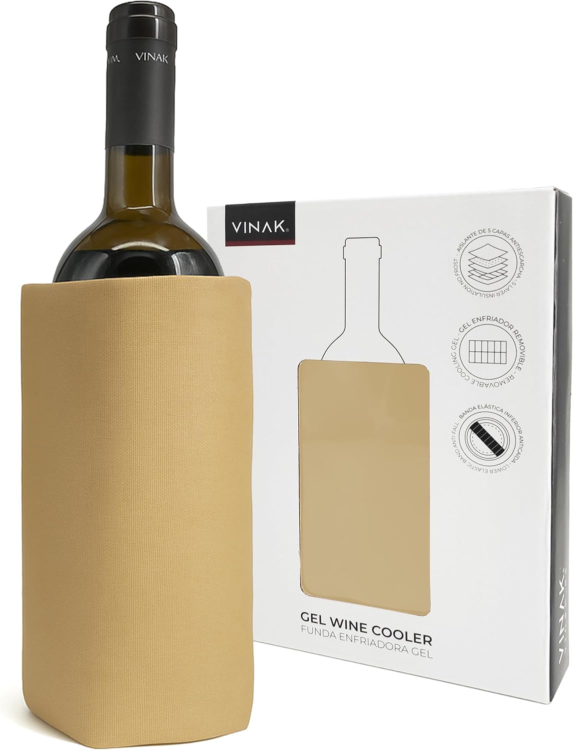 VINAK - Wine Bottle Cooler Cover | Wine Cooler with High Quality No-Frost Gel | Made of 5 Layers of Insulation | Anti-fall Rubber Band at Bottom (Champagne Color)