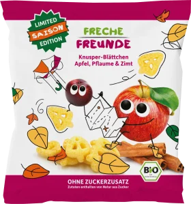 FRECHE FREUNDE FRECHE FRIENDE children's snack crispy leaves apple, plum & cinnamon, from 1 year, 15 g