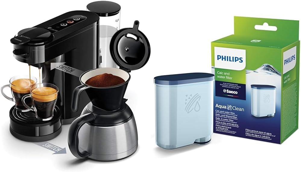 Philips Domestic Appliances Philips Senseo Switch Pad and Filter Coffee Machine, 2-in-1 Brewing Technology & Water Filter for Espresso Machine, No Descaling up to 5000 Cups, Single Pack
