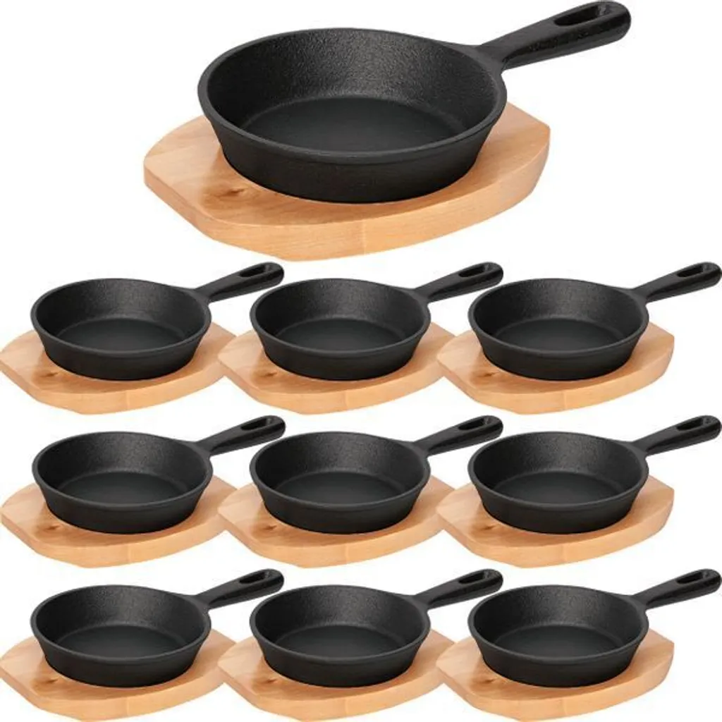 15x WAS Germany Mini Serving Pan with Wooden Trivet and Handle Ø 13 cm Cast Iron