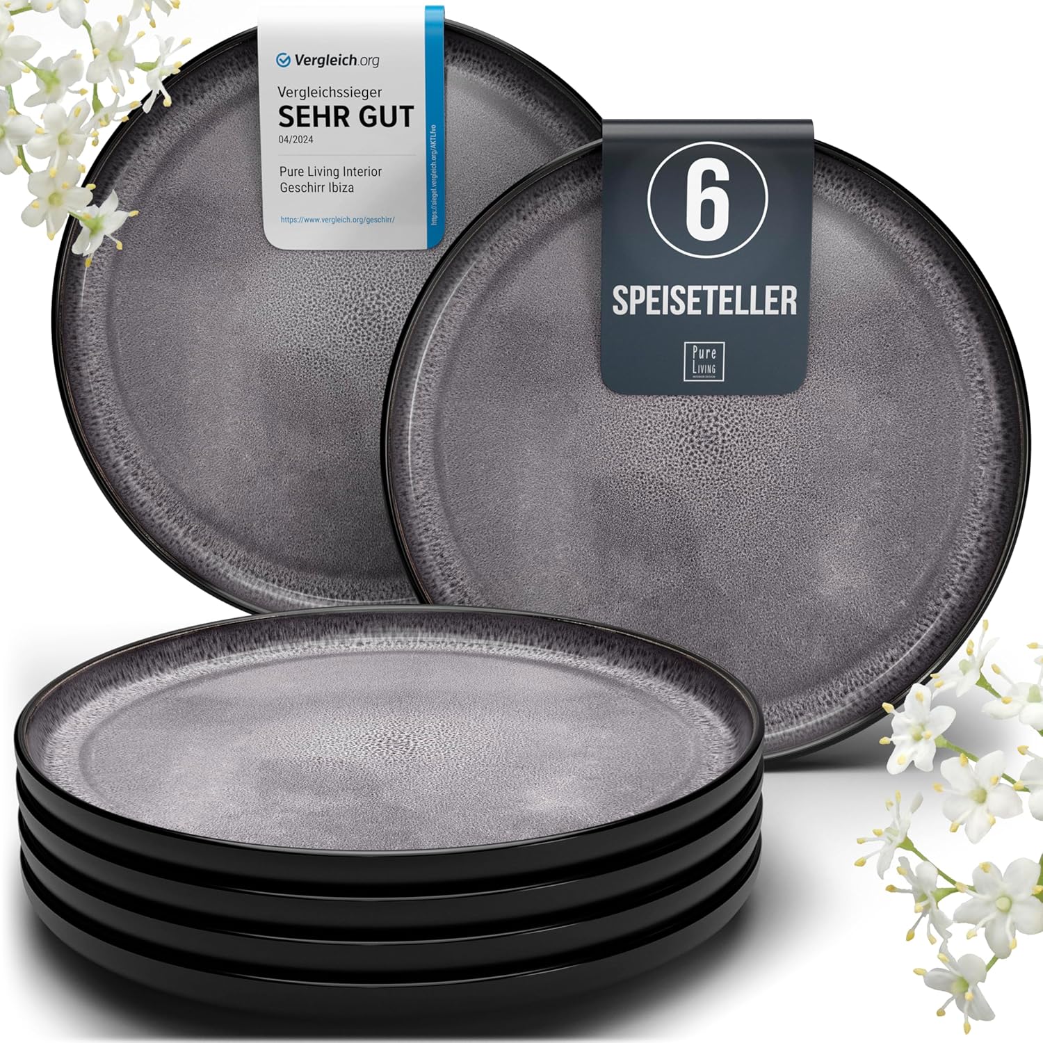 Pure Living Ibiza Large Stoneware Plates for 6 People, Mediterranean Dinner Plate Set, ‘Very Good’ in Test, Dishwasher and Microwave-Safe, Scratch-Resistant, Stylish Dinner Plate Set, Grey