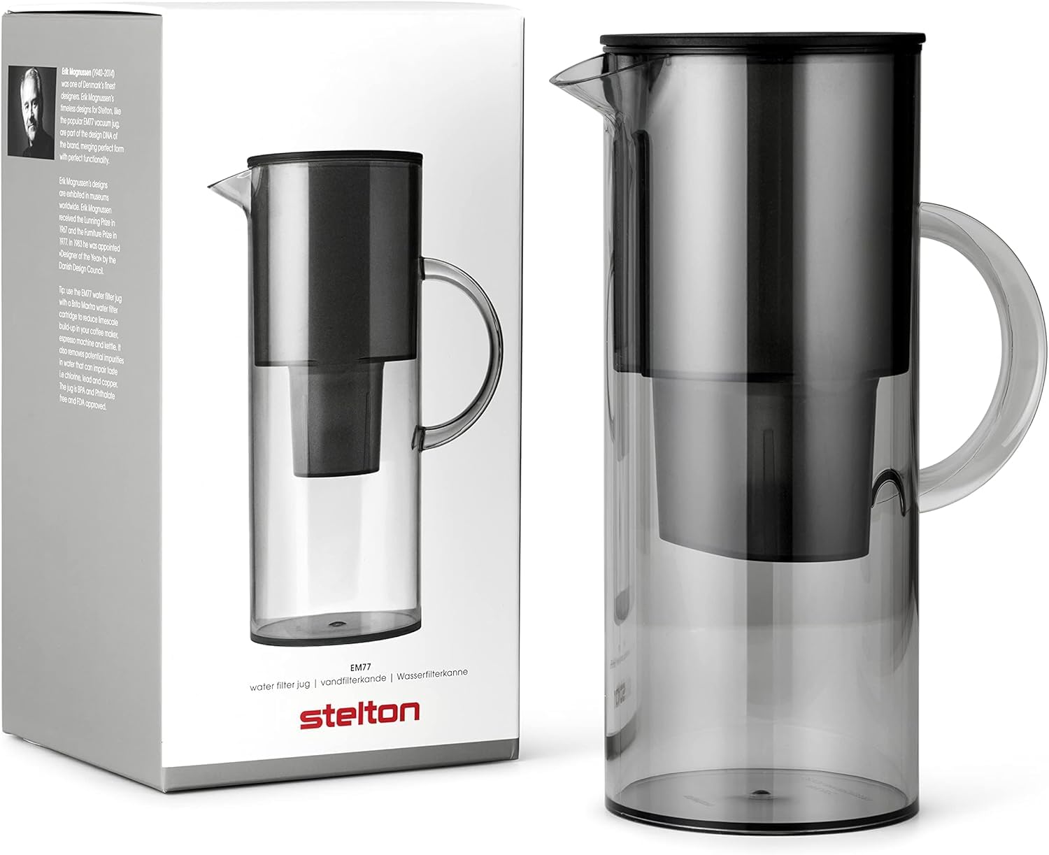 Stelton EM77 Water Filter Jug - Compatible with Stelton Water Filter Cartridges or Brita - Plastic Water Jug in Modern Style - Reduces Chlorine, Limescale - 2 Liters, Tinted