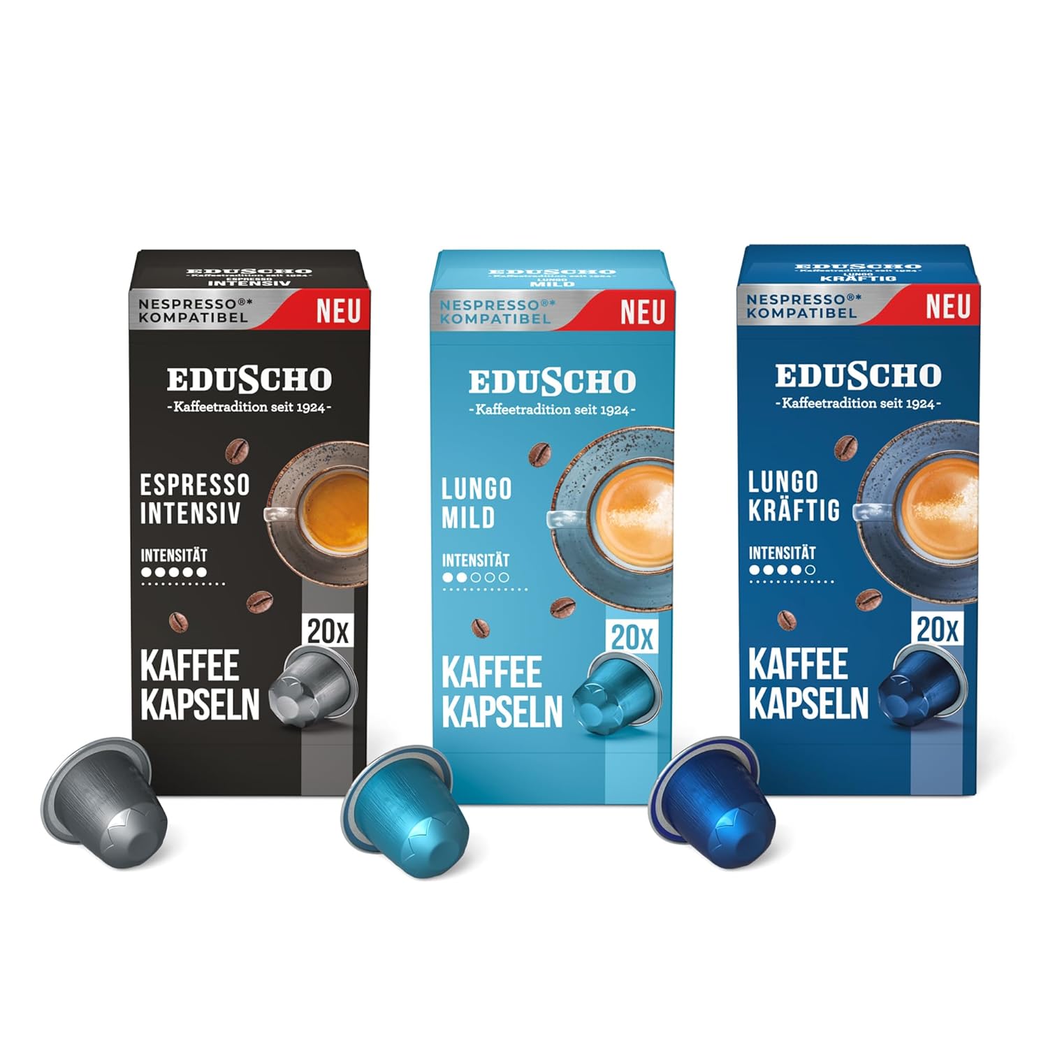 Tchibo Eduscho Trial Set with Three Varieties, Lungo Powerful, Espresso Intensive, Lungo Mild, 60 Pieces (3 x 20 Coffee Capsules), Compatible with Nespresso, Sustainable & Fair Trade
