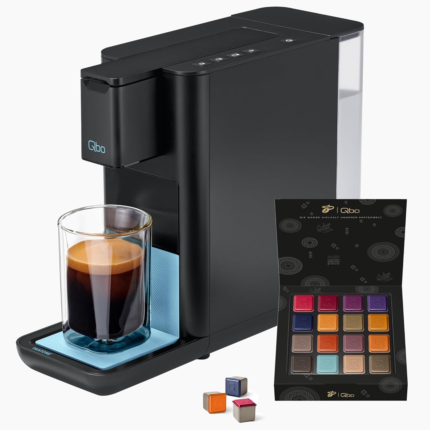 Tchibo Store Tchibo Qbo ICONIC Pantone Premium Capsule Machine with 16 Recyclable Qbo Capsules for Espresso, Caffè and Caffè Grande, Compact, Innovative Design, Sky Blue