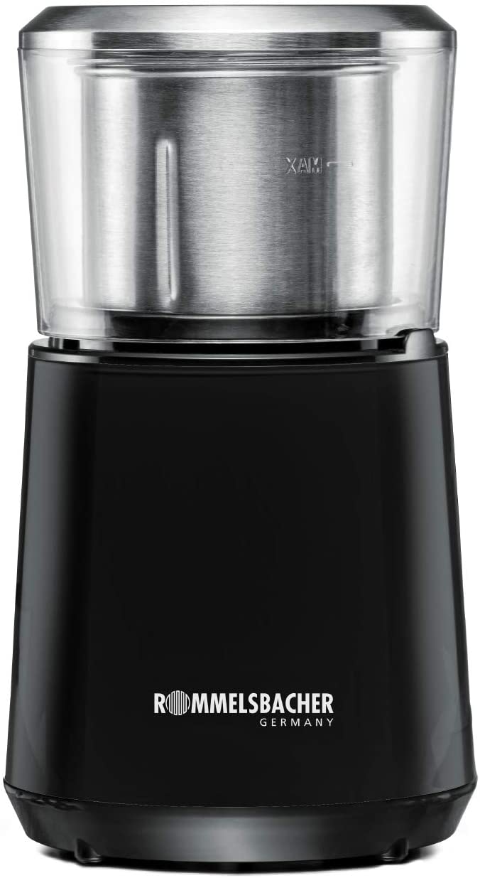 ROMMELSBACHER EKM 120 Coffee Grinder - Schlagwerk, 4-Wing Knife Made of Stainless Steel, Stainless Steel Bean Container, Capacity 50 g, Grinding Level Adjustable via Meal Time, 200 Watt, Black/Stainless Steel