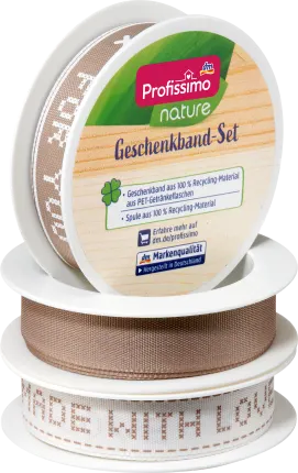 Profissimo gift ribbon beige with writing, 9 m