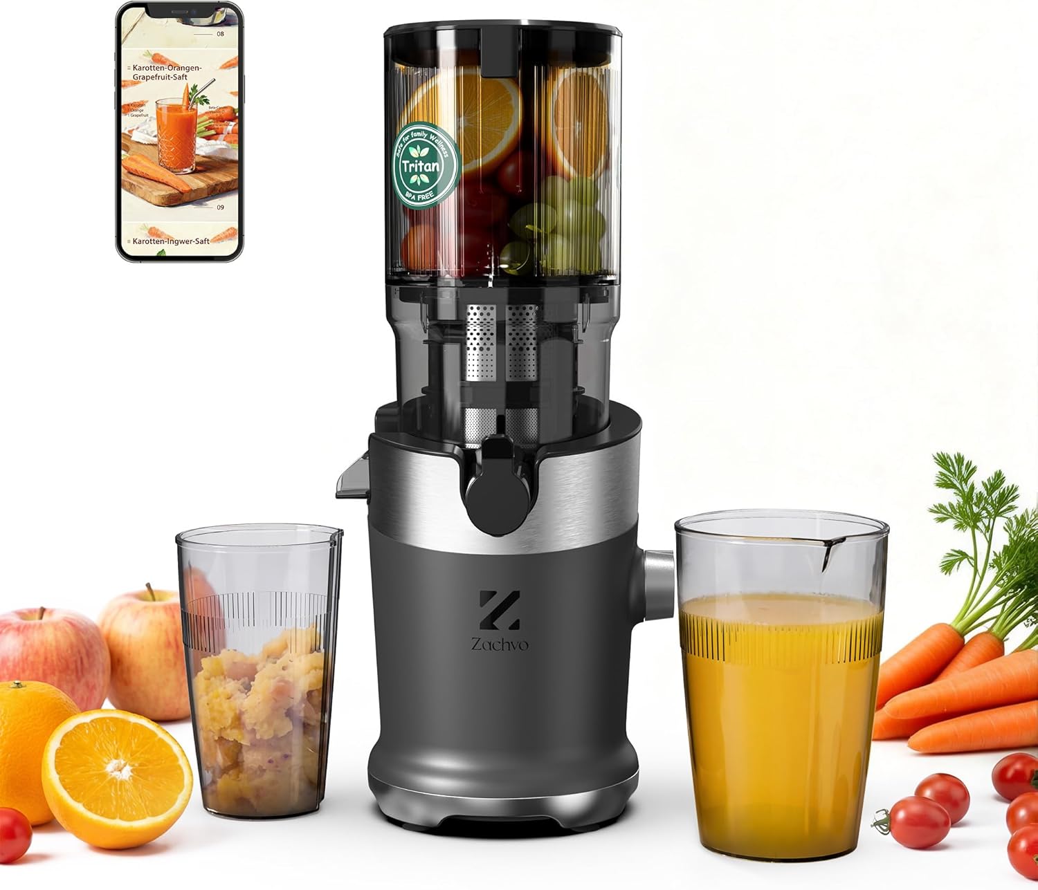 Juicer, slow juicer with 130mm wide feeding tube for whole fruits and vegetables, test winner, 220W cold press juicer made of BPA-free Tritan, easy to clean, includes juice recipes