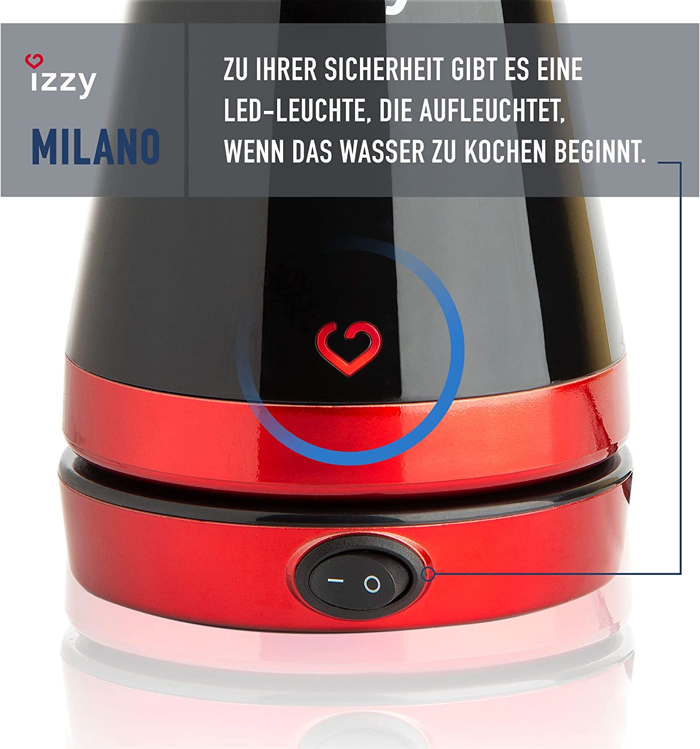 izzy Milano Electric Coffee Maker, Turkish Greek Coffee Pot, 250 ml Electric Kettle for Mocca & Tea, 650 W (Black/Red)