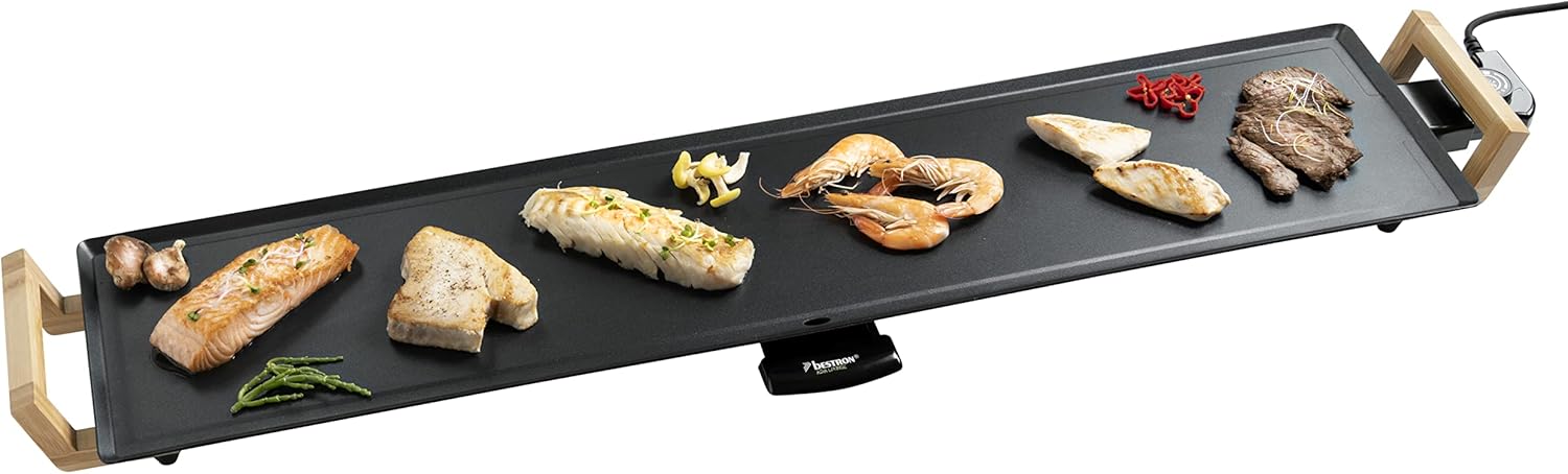 Bestron Electric Table Grill, XXXL Plancha/Teppanyaki Grill Plate with Non-Stick Coating, Barbecue Fun for up to 10 People, Extra Long Grill Surface, 2,000 Watt, Colour: Black