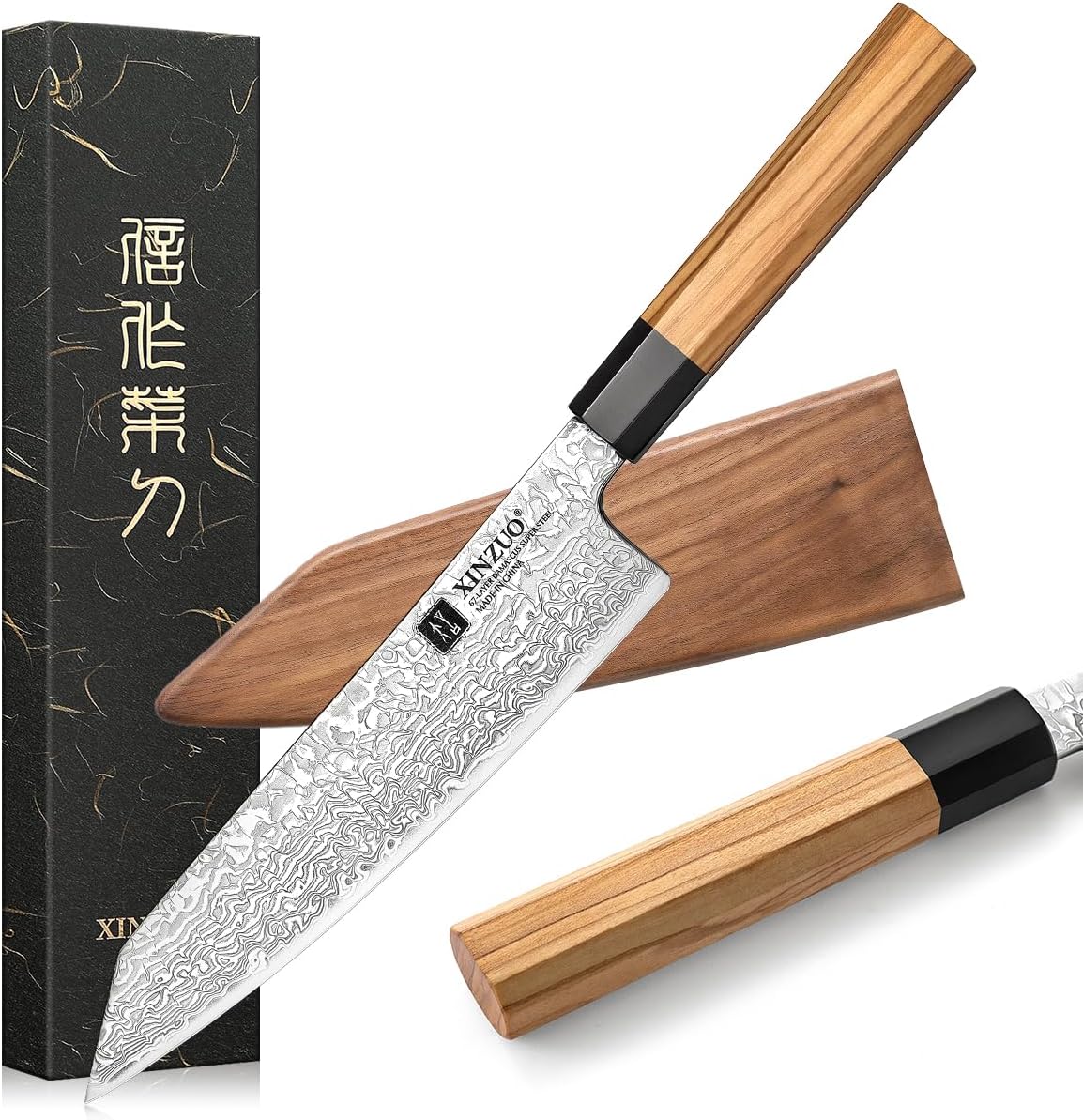 XINZUO Damascus Steel Kiritsuke Chef's Knife, Japanese Style 21.5 cm Kitchen Knife, Gyuto Knife, Handmade Forged Sharp Chef's Knife Olive Wood and Black Buffalo Horn Handle - with Sheath