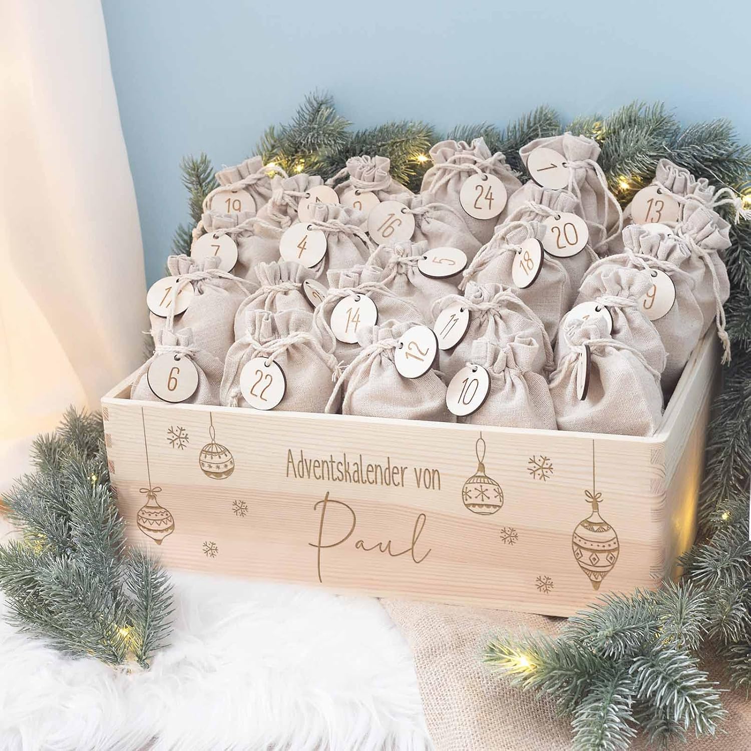 Personalized Advent Box - Wooden Advent Calendar with Name - Engraving Calendar DIY - Christmas Calendar for Children - Hello Mini (Christmas Baubles)