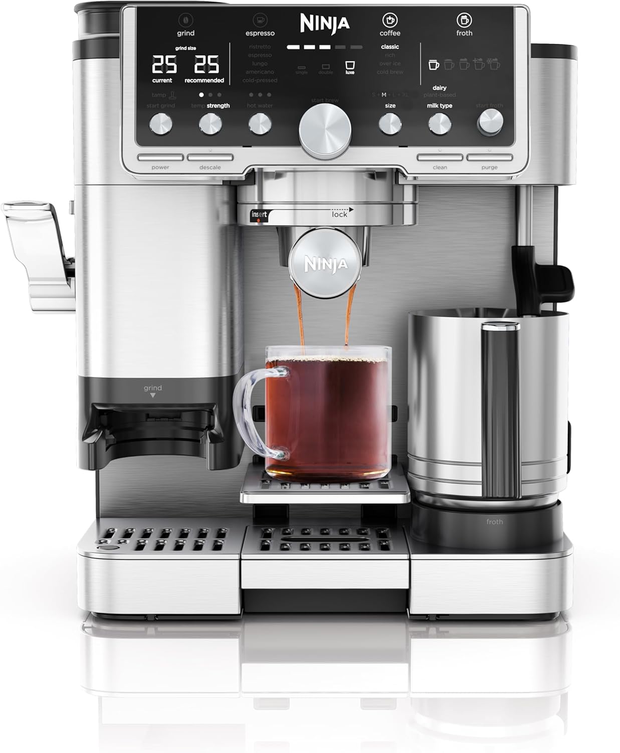 Ninja Luxe Pro ES701EU 3-in-1 Coffee Maker with Grinder and Frother for Latte, Cappuccino, Cold Brew & Espresso, Easy to Use, 5 Presets for Frothing, Silver
