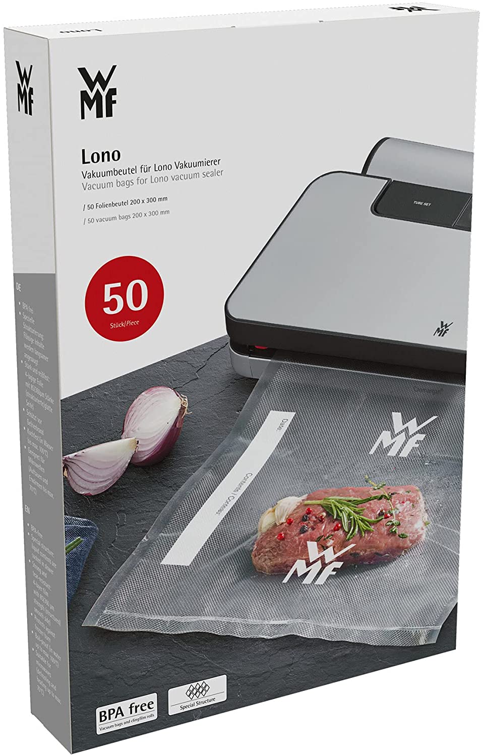 WMF Lono Vacuum Sealer Bags 50 Pack 20 x 30 cm 4 Layer Foil Textured Smooth Side BPA Free Clear