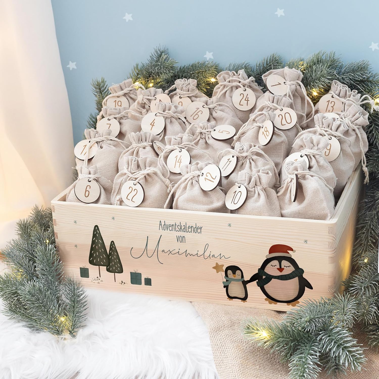 Personalized Advent Box - Advent Calendar 2024 Children Made of Wood with Name - Watercolor Print Calendar DIY - Christmas Calendar for Children - Hello Mini (Penguin Print)