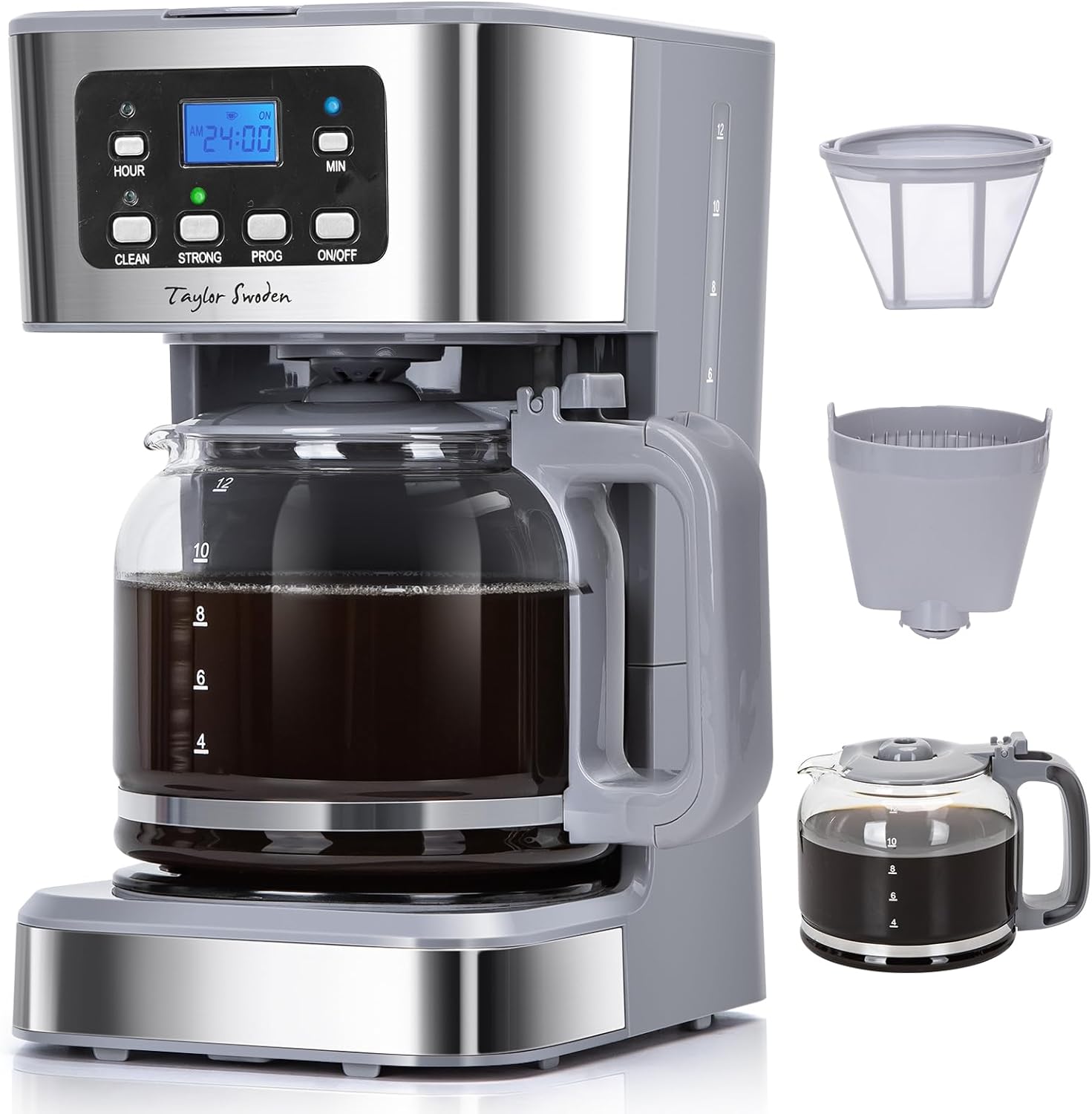 Taylor Swoden 950 W Coffee Machine with Timer, 1.5 L Filter Coffee Machine, 12 Cups, Automatic Shut-Off, Drip Stop, Reusable Filter and Heating Plate, BPA-Free, Gray - Pewter