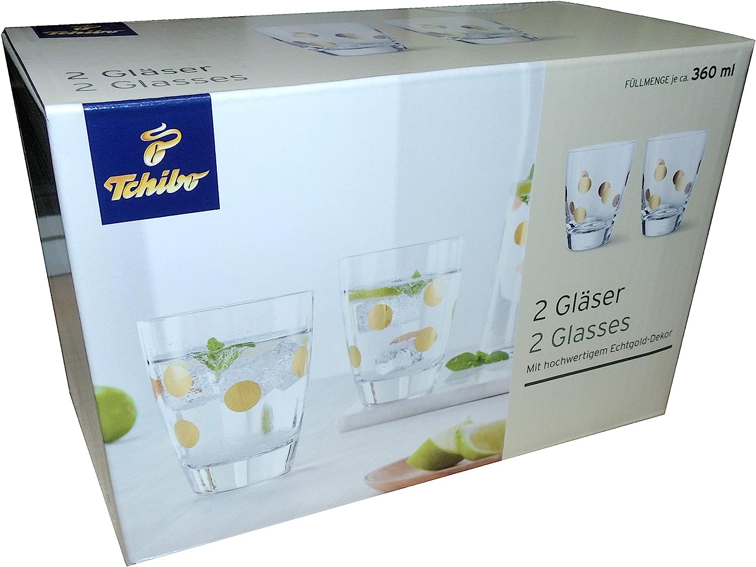 Tchibo 2 glasses, real gold, gold, decorative dots.