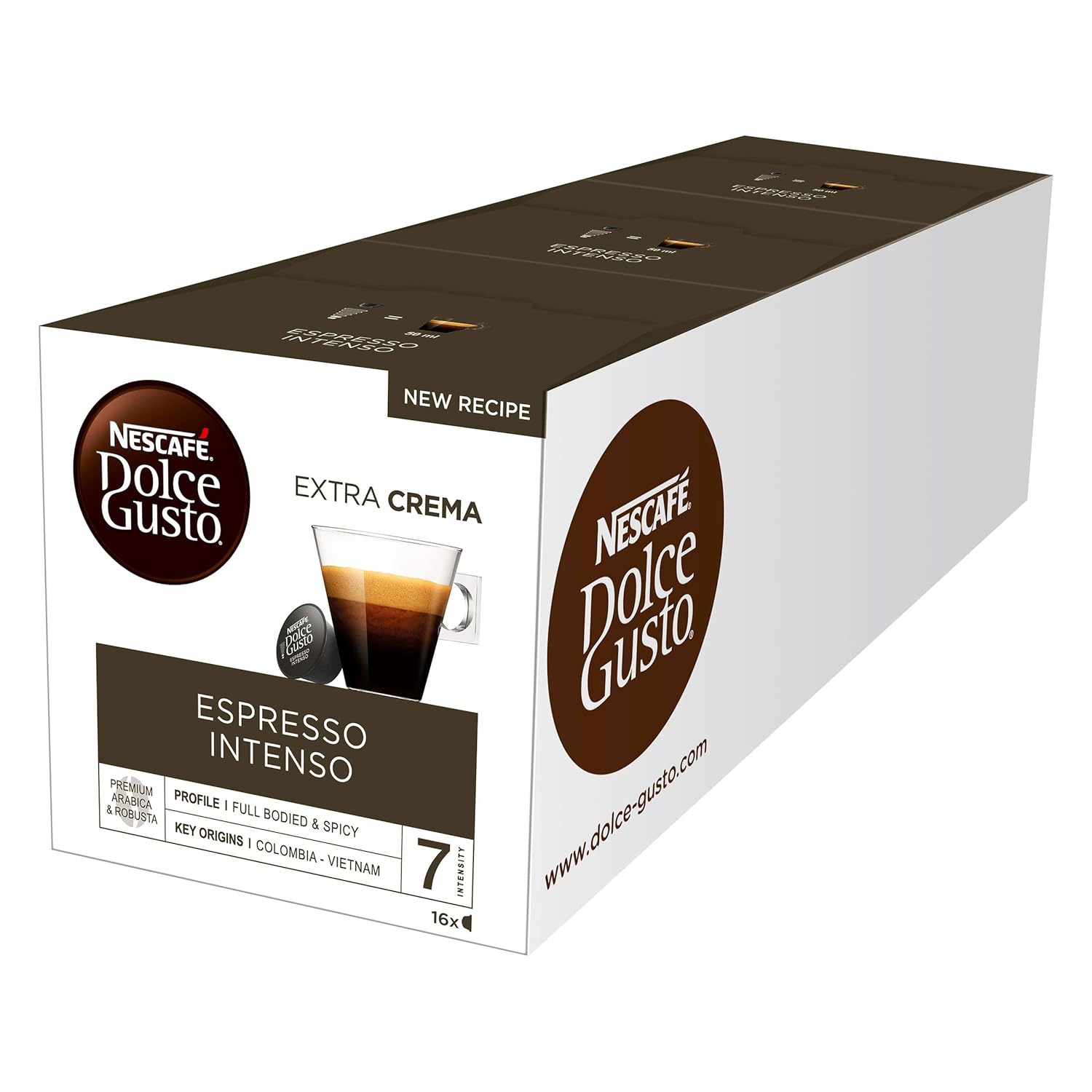 NESCAFÉ Dolce Gusto Espresso Intenso | 48 Coffee Capsules | Arabica and Robusta Beans | Red Summer Berries and Pink Pepper Berries Flavor | Aroma Sealed Capsules | Pack of 3 (3 x 16 capsules)